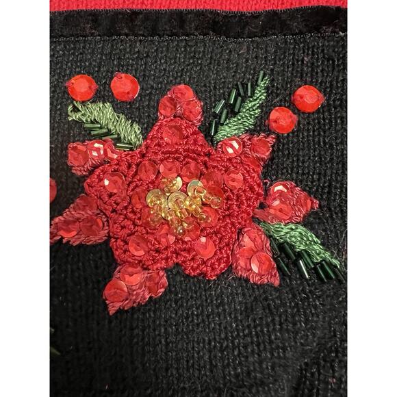 Vintage Tiara International Christmas Sweater Pointseta Cardigan XL Granny Glam - Picture 3 of 12